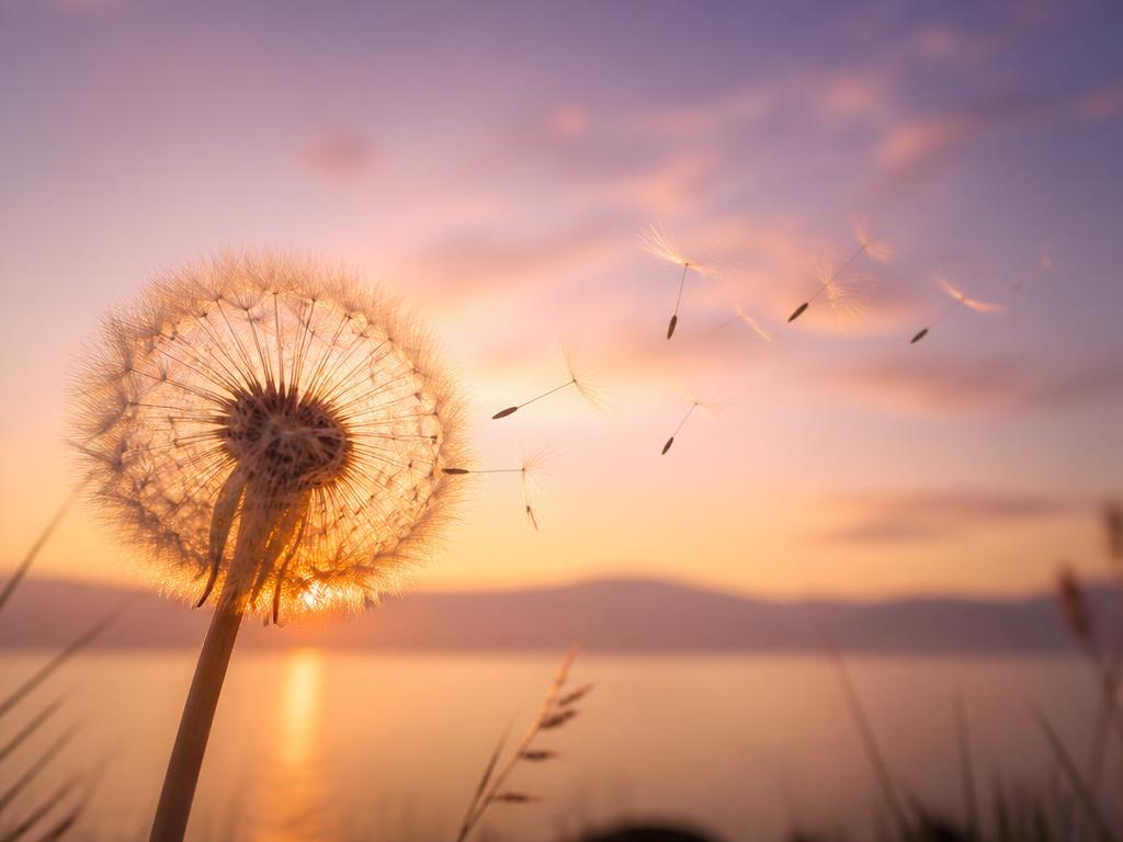 Coraggiosamente Fragili: a dandelion backlit at sunrise, seeds drifting into a warm lilac sky